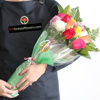 One Dozen Mixed Coloured Roses Wrapped