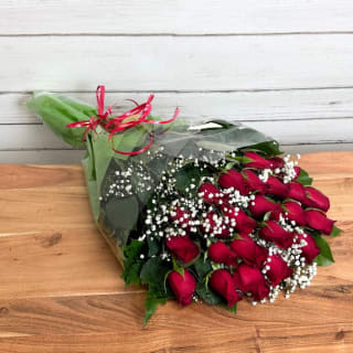 Two Dozen Red Roses Wrapped with Babies Breaths & Greens