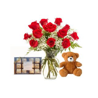 Timeless Combo - One Doz Roses Arranged with Stuffy & Chocolates
