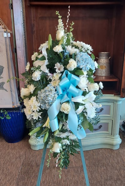 Blue And White Funeral Flowers Spray On Stand For Delivery