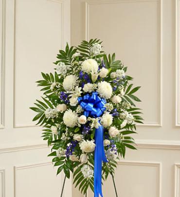 Blue And White Funeral Flowers Spray On Stand For Delivery
