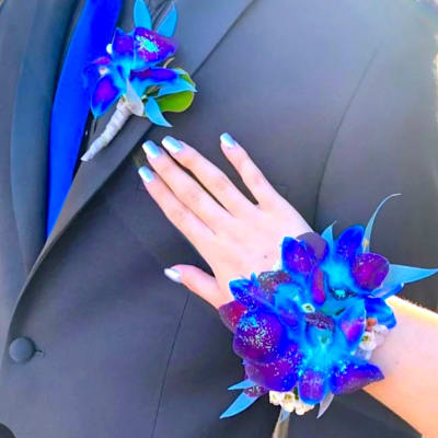 Blue purple Real Orchid Corsage and Boutonniere in Cambridge, MN