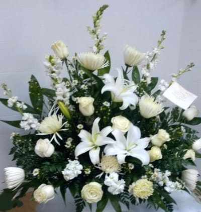 Peaceful White Funeral Basket Flower Delivery Coral Springs FL - Oma's  Garden Flower Shop