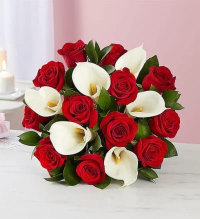 Classic Red Rose & White Lily Bouquet