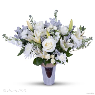 Silent Night- All White Florals with Olive Branches and wax flower