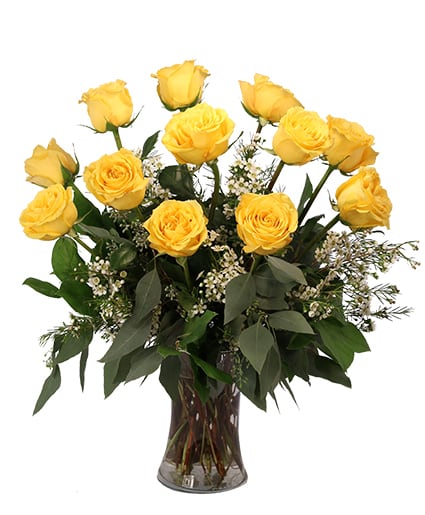 One Dozen Yellow Roses in a Clear Vase