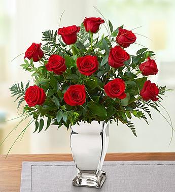 Premium Long Stem Red Roses in Silver Vase