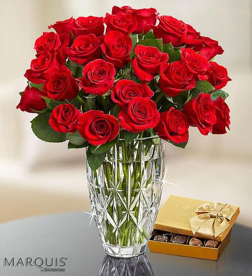 Red Roses in Marquis by Waterford Vase