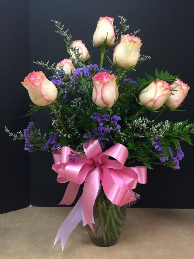 Dozen Pink Roses with Purple Accent