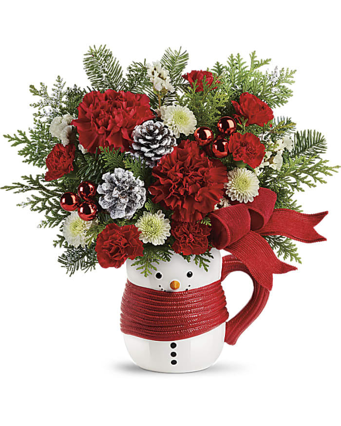 Send a HugÂ® Snowman Mug Bouquet by Teleflora- SOLD OUT CONTAINER BUT OTHEER CHRISTMAS MUGS AVAILABLE
