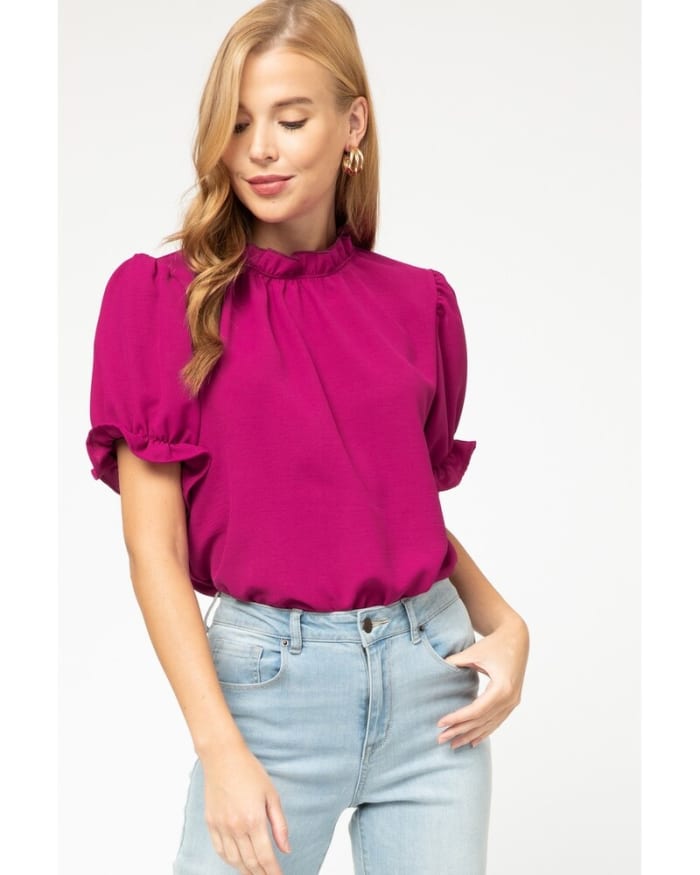 Entro Magenta High Collar Ruffle Top