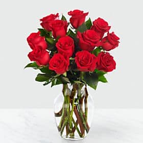 12 Red Roses with Glass Vase