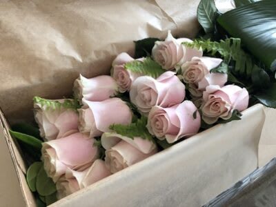 12 Pink Roses in a Long Rose Box