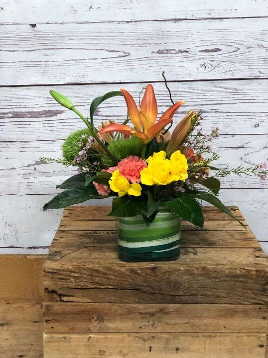 Mixed Fresh Colorful Bouquet in Cube Vase