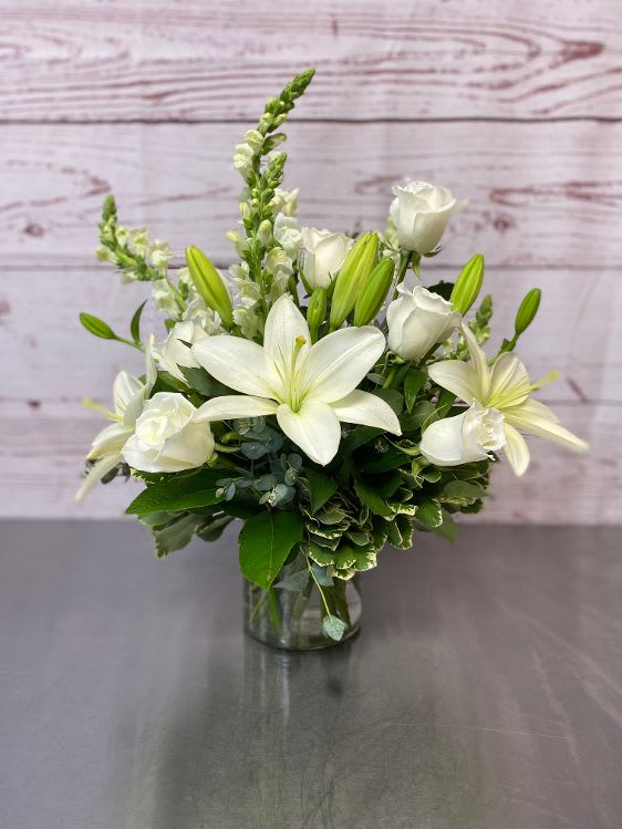 Pure Whites Bouquet in Clear Vase