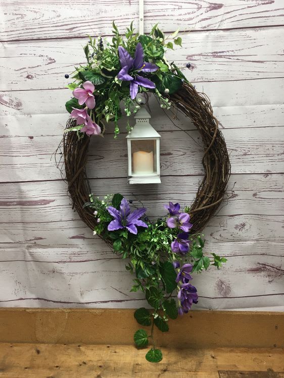 Purple Silk (Artificial) Wreath With White LED Lantern
