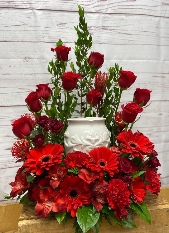 Red Mixed Flower Fresh Cremation Urn Arrangement