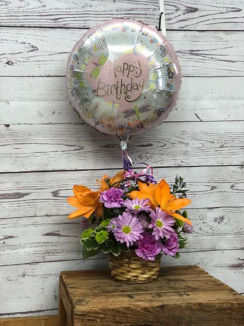 Happy Blooms Basket with Mylar Happy Birthday Balloon