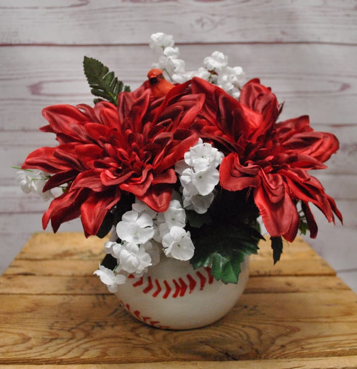 Baseball Planter with Silk (Artificial) Flowers and Cardinal