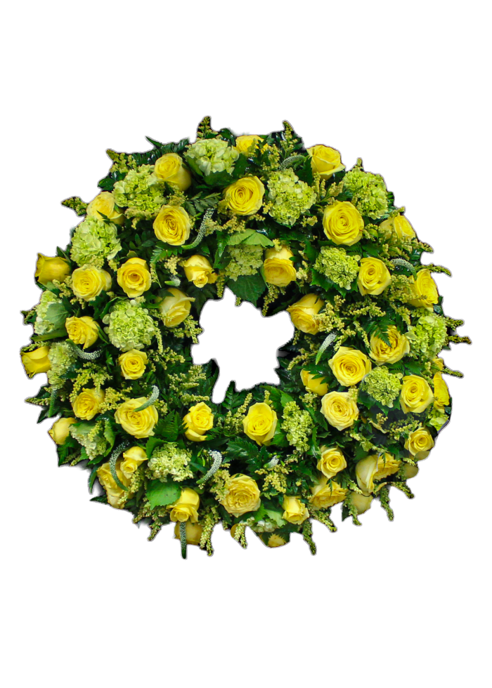 C-21 Corona redonda de rosas  y hortensias con cinta impresa