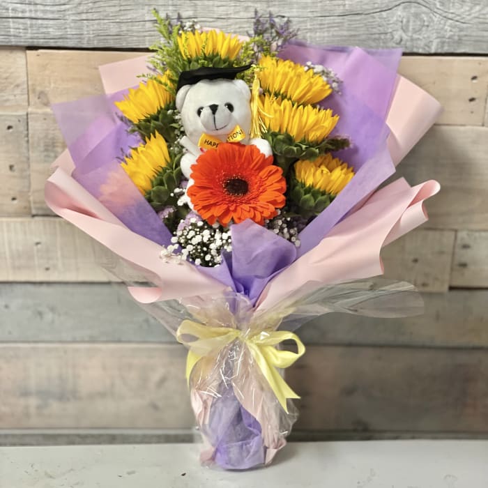 Sunflower Boquuet with Graduation Bear