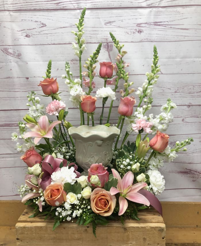 Pink and White Cremation Urn Wreath