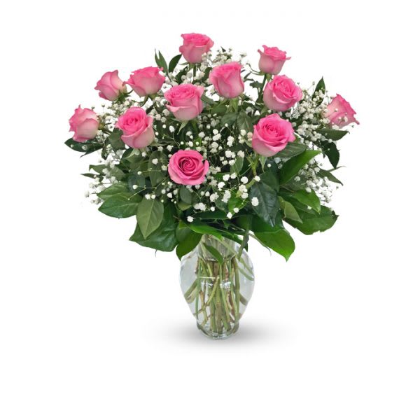 1 DZ PINK ROSES WITH BABY BREATH