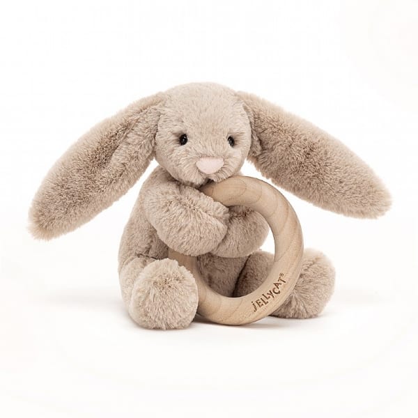 Bashful Beige Bunny Wooden Ring Rattle