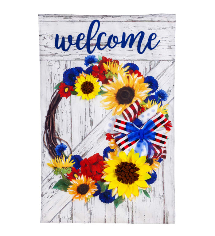 Americana Floral Wreath House Burlap Flag