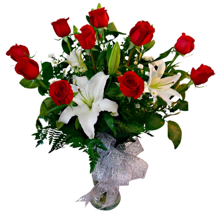 12 Long Stem, Red Roses with White Lilies VM-1707