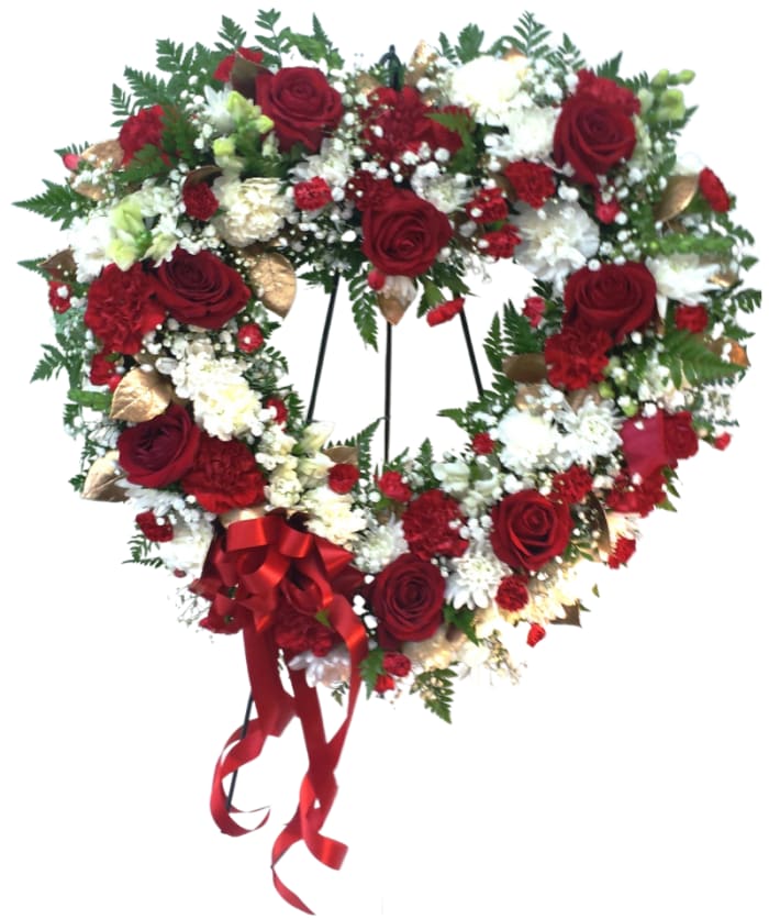 Always Remember Red, White & Gold Floral Heart Tribute FW-601 *EASEL INCLUDED*