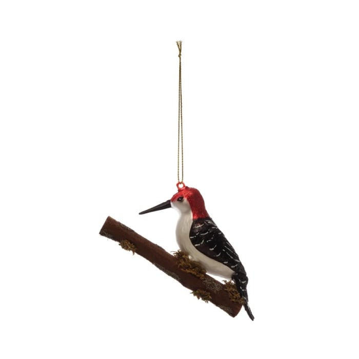 Hand-Painted Glass Woodpecker Ornament on Branch with Faux Moss