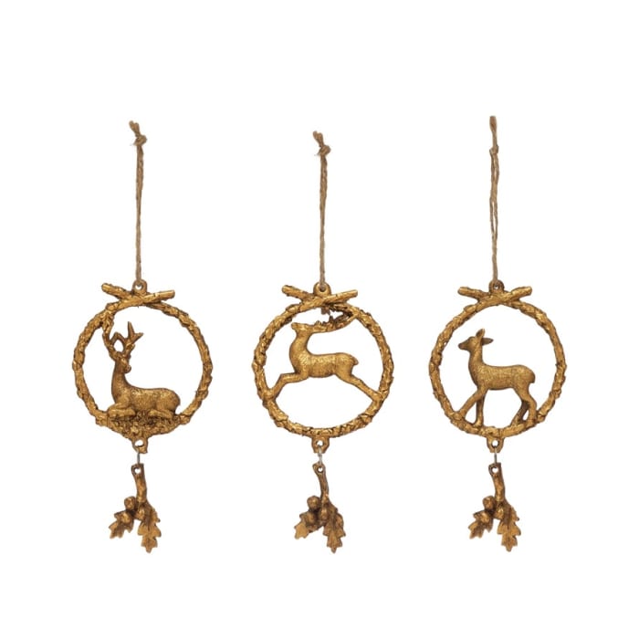 Resin Wreath Ornament with Deer and Holly, Gold Finish