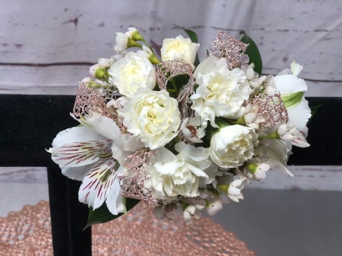 White Alstroemeria and Mini Carnation Fresh Wristlet Corsage