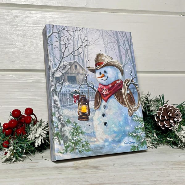 Cowboy Snowman - Lighted Tabletop Canvas 8x6