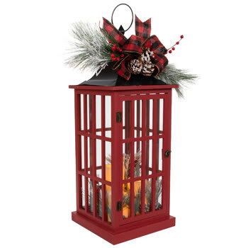 Red Berry & Pinecone Wood LED Lantern