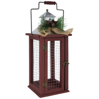 16" Red Chicken Wire & Pine Wood Lantern