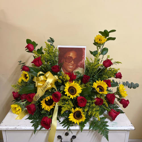 Sunflowers and Roses with Photo Casket Spray