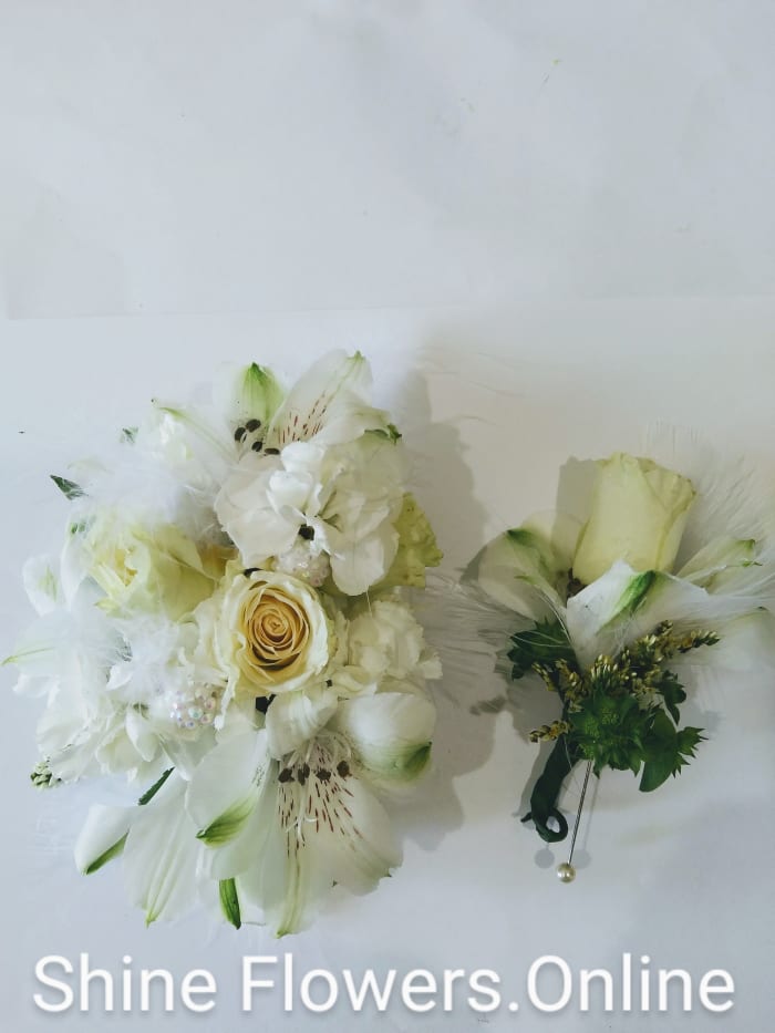 WHITE ROSES WRIST CORSAGE & BOUT SET