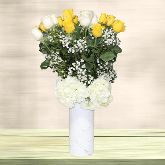 YELLOW & WHITE ROSES IN ANY  VASE