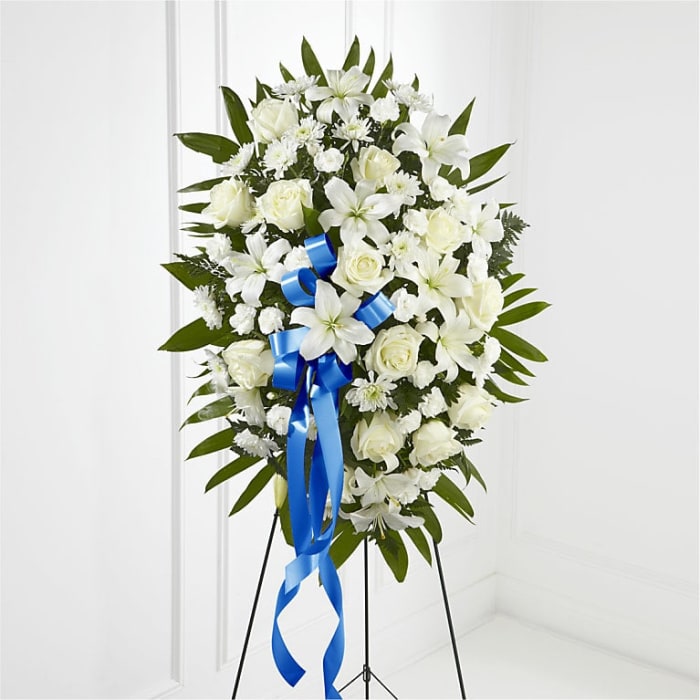 Exquisite Tribute Standing Spray-Blue Ribbon