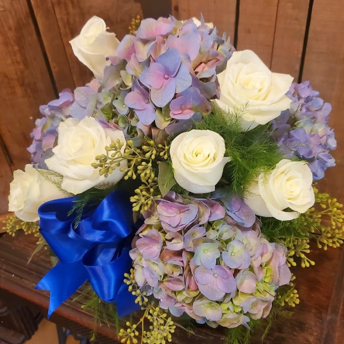 Blue Hydrangea and White Rose Vase