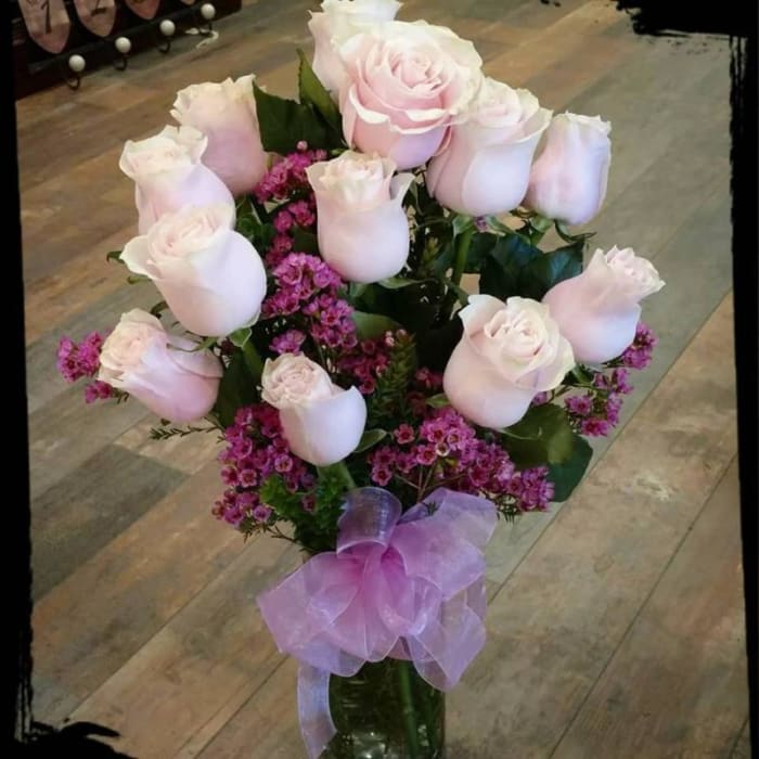 Dozen Pink Mondial Roses, Vased