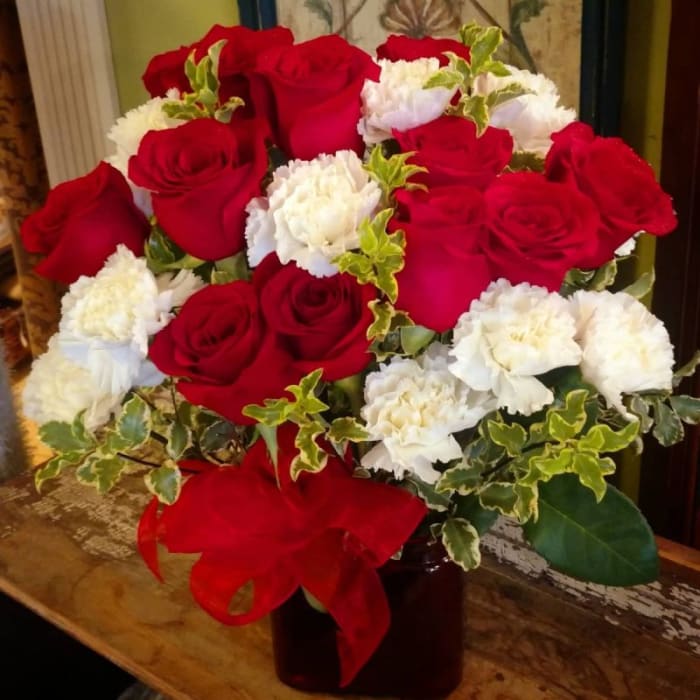 Dozen Red Roses & Dozen White Carnations, Vased