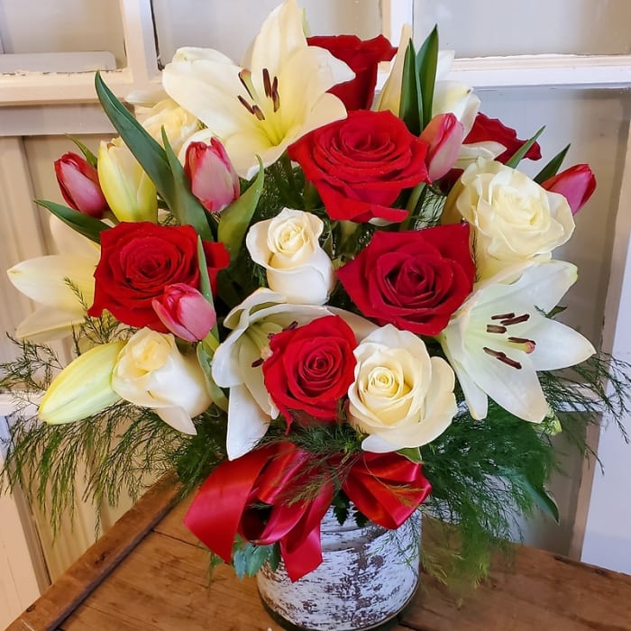 Red and White Rose Lily & Tulip Vase