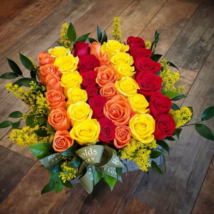 Three-dozen 36 Fire Rose Box Bouquet with Aster