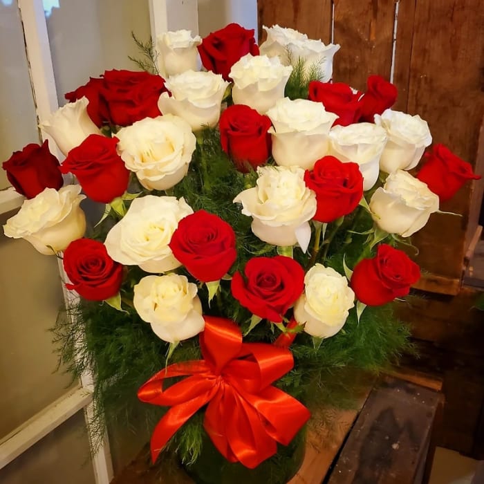 36 Long Stemmed Red & White Roses, Vased and Adorned