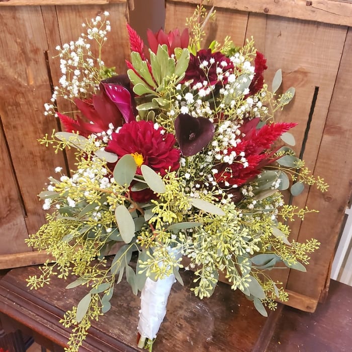 Bridal with Eucalyptus, Baby's Breath and Peek-a-Boo Burgundies