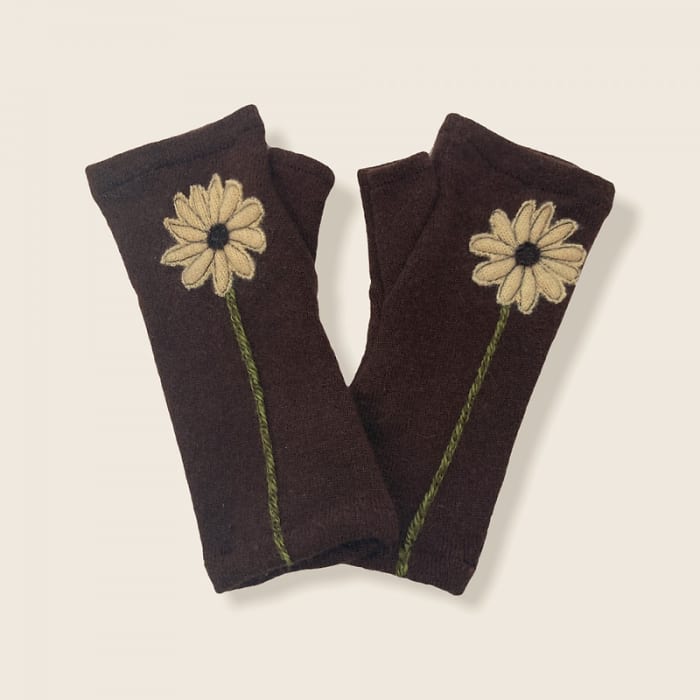 Fingerless Cashmere Gloves-Daisy | Cream on Brown / One Size