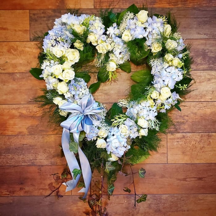 Heart-shaped Remembrance Wreath, Sky Blue and White